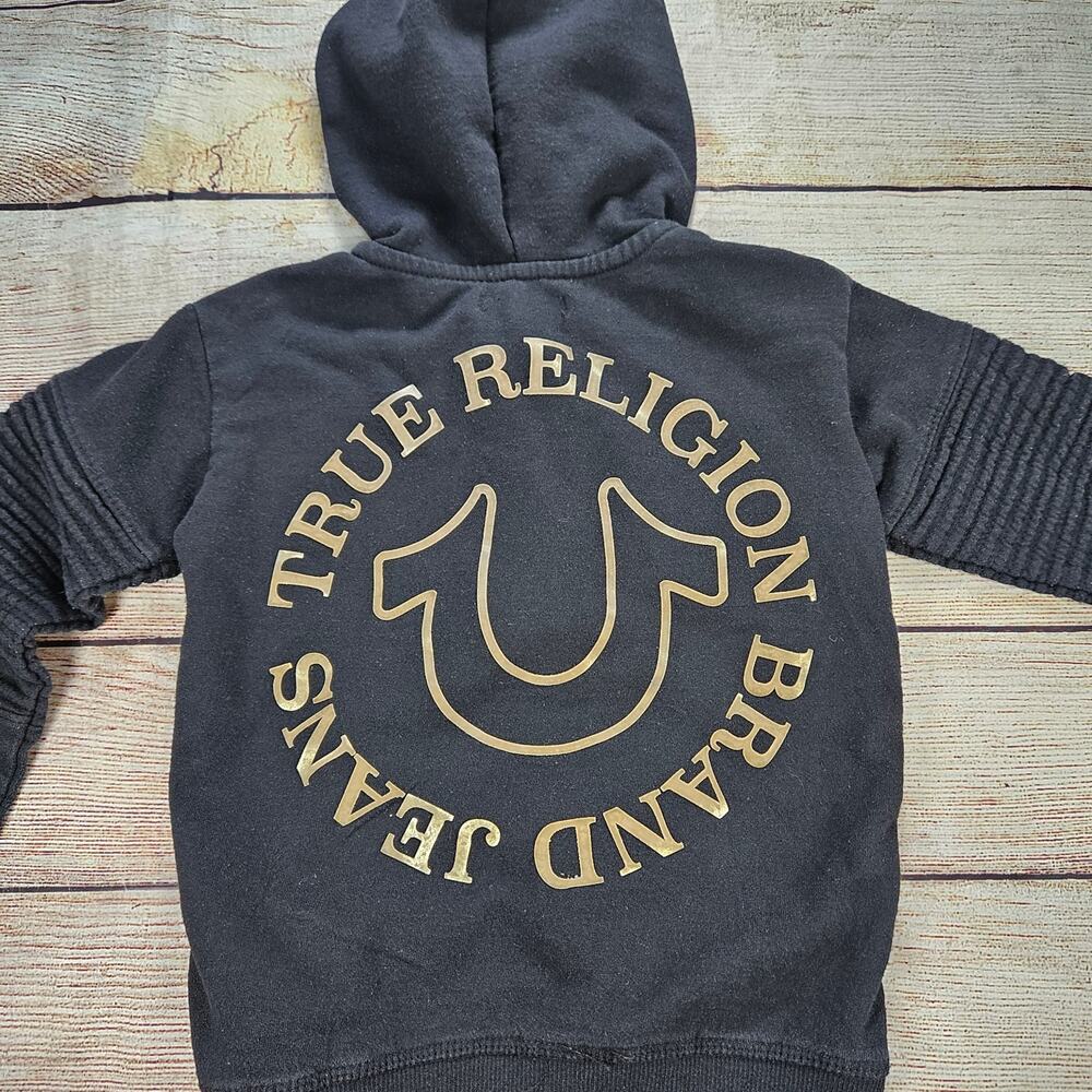 True Religion Boys' Hoodie Size 5 Black Gold 1/4 Zip Fleece Lined Ribbed Sleeve